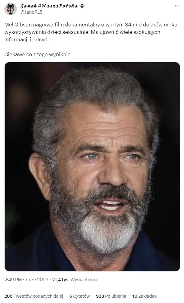 Mel Gibson nie ma nic wspólnego z dokumentem o handlu dziećmi