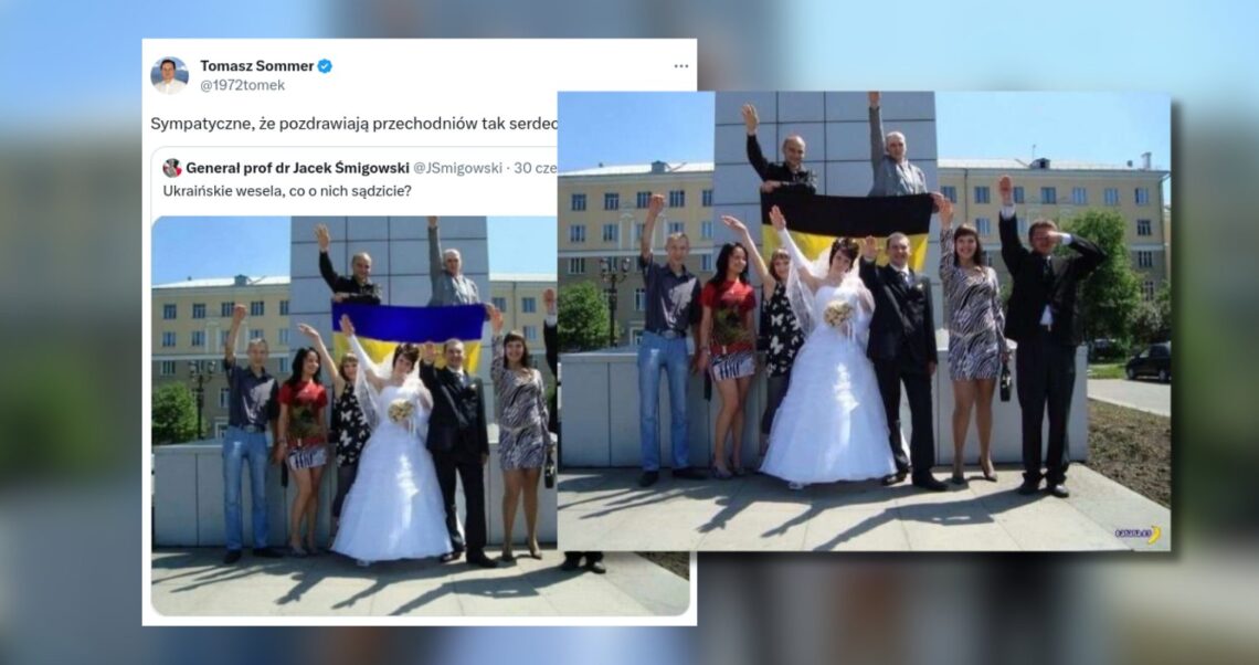 Zdjęcie hajlujących nowożeńców wykonano w Rosji, a nie w Ukrainie