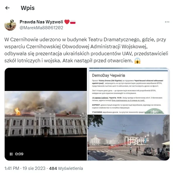 Post, w którym obwodową komisję SBU pomylono z trafionym faktycznie teatrem.