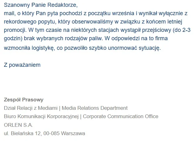 Odpowiedź w sprawie awarii dystrybutorów