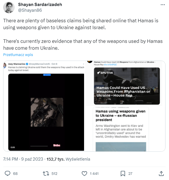 Reportaż BBC o ukraińskiej broni dla Hamasu jest sfałszowany