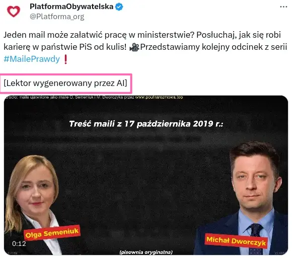 Platforma Obywatelska: Lektor wygenerowany przez AI