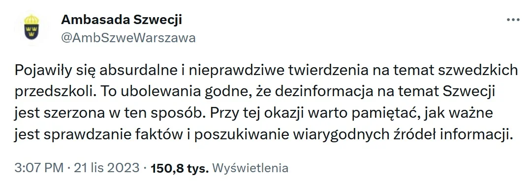 Dementi Ambasady Szwecji