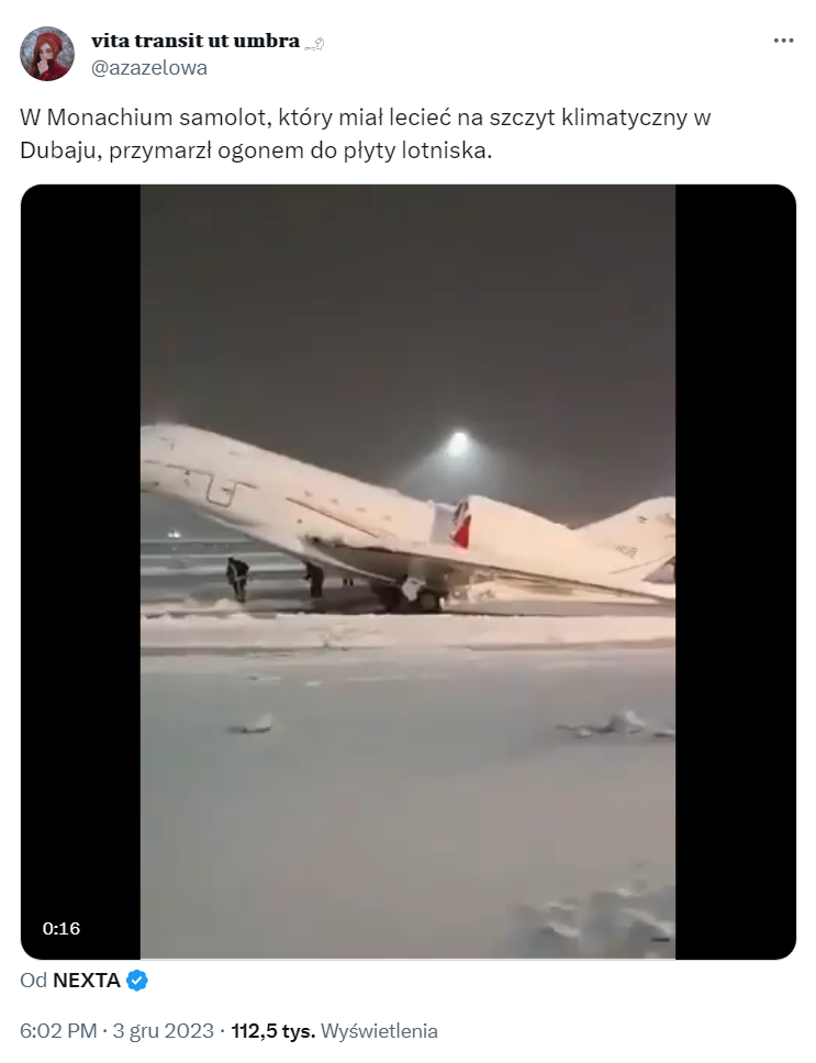 Wpis i nagranie mówiące o przymarzniętym samolocie, który miał polecieć na szczyt klimatyczny w Dubaju