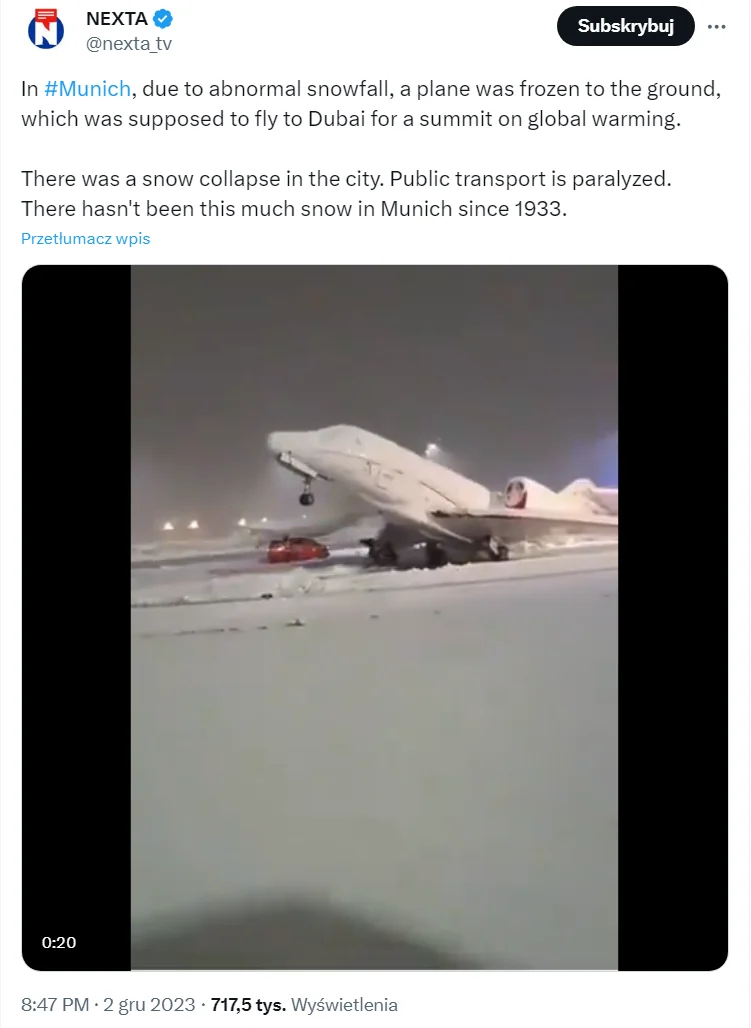 Wpis i nagranie mówiące o przymarzniętym samolocie, który miał polecieć na szczyt klimatyczny w Dubaju. Źródło: X (dawny Twitter)
