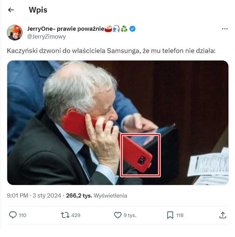 Wpis z 3 stycznia 2024, na którym widać, że Jarosław Kaczyński rozmawia przez telefon, trzymając go do góry nogami