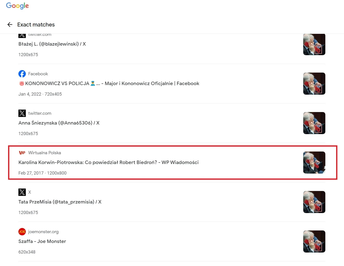 Wynik wstecznego wyszukiwania obrazem w wyszukiwarce Google po umieszczeniu w niej przerobionego zdjęcia, na którym Jarosław Kaczyński trzyma telefon do góry nogami. 