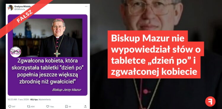 Biskup Mazur nie wypowiedział słów o tabletce „dzień po” i zgwałconej kobiecie