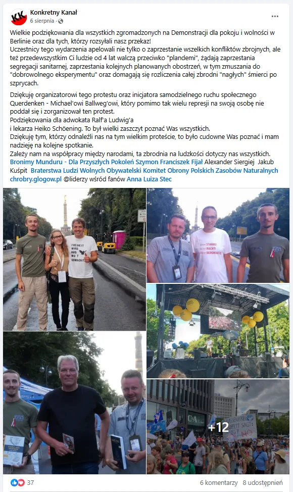 Anna Luiza Stec, Szymon Fijał i Aleksander Siergiej w Berlinie na wydarzeniu organizowanym przez Querdenken