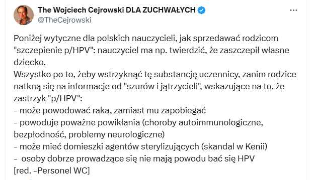 Cejrowski, szczepienia przeciw HPV, dezinformacja