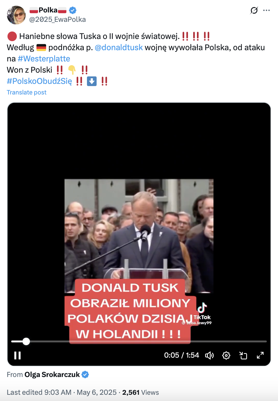 Wystąpienie Donalda Tuska podczas obchodów Dnia Wyzwolenia Holandii. Donald Tusk nie mówił o polskim ataku na Westerplatte.