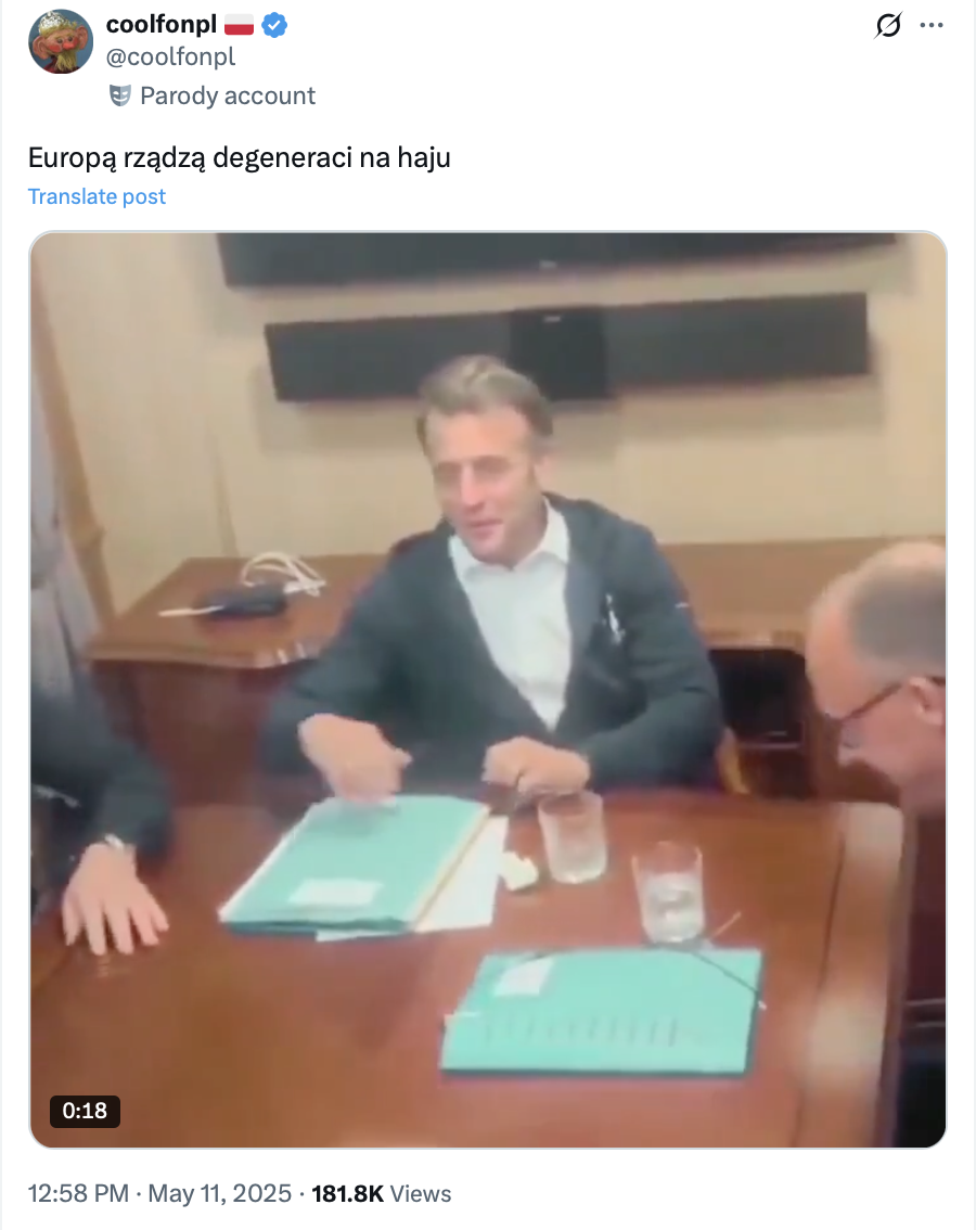 Macron, Starmer i Merz na nagraniu z podróży do Kijowa 9 maja 2025 roku. Europejscy przywódcy nie zażywali narkotyków podczas podróży do Kijowa.