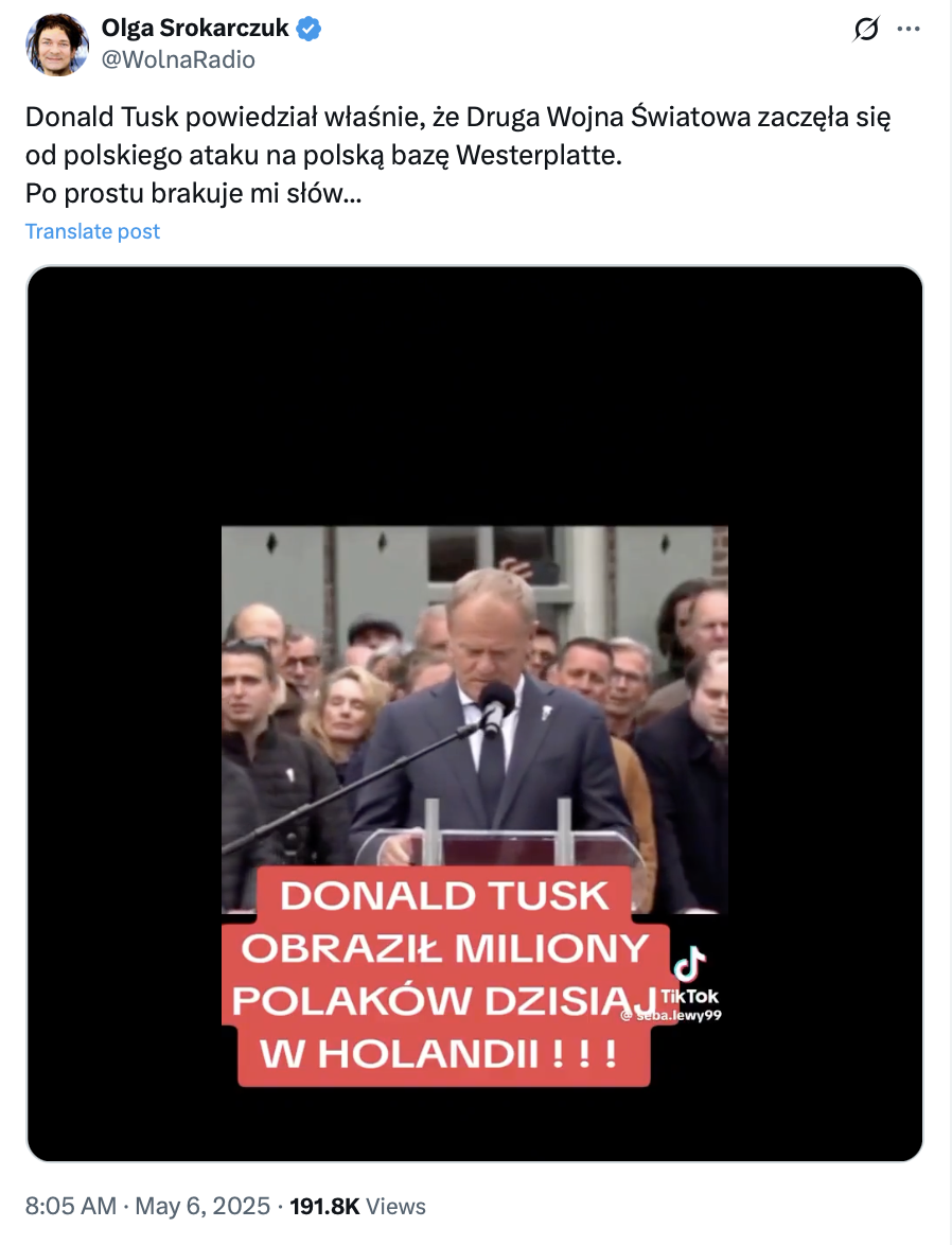 Wystąpienie Donalda Tuska podczas obchodów Dnia Wyzwolenia Holandii. Donald Tusk nie mówił o polskim ataku na Westerplatte.