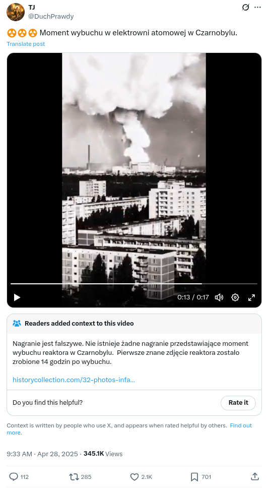 Nagranie przedstawiające wybuch 4 energobloku w Czarnobylu jest fałszywe