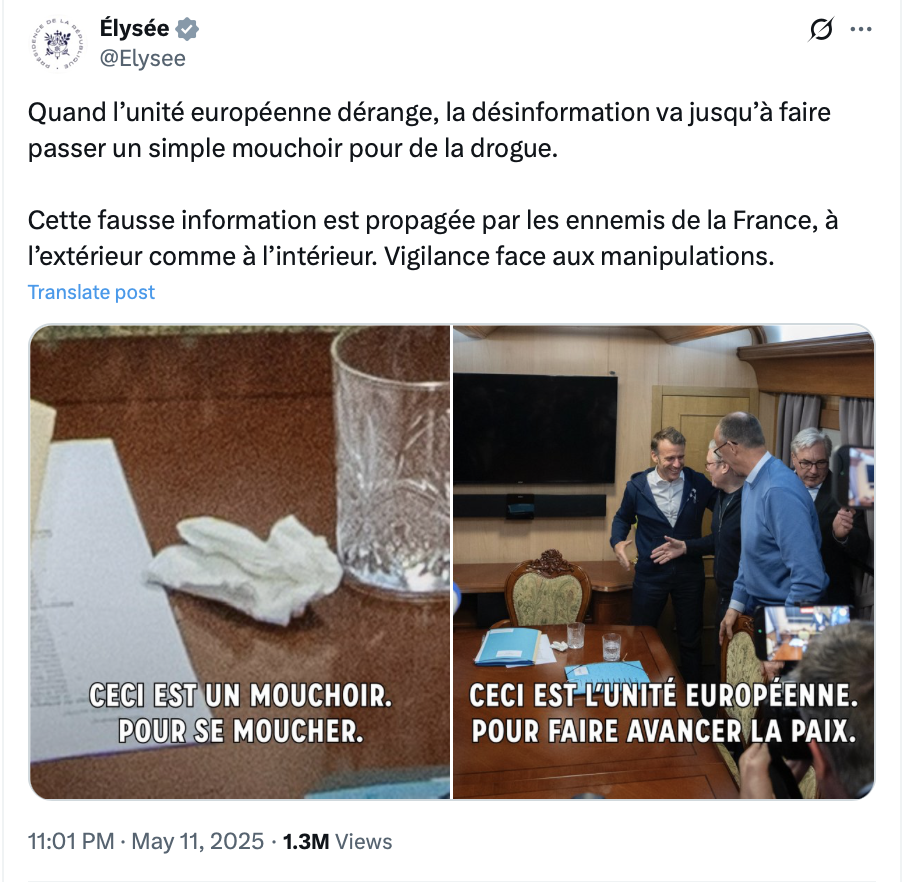 Macron, Starmer i Merz na nagraniu z podróży do Kijowa 9 maja 2025 roku. Europejscy przywódcy nie zażywali narkotyków podczas podróży do Kijowa.