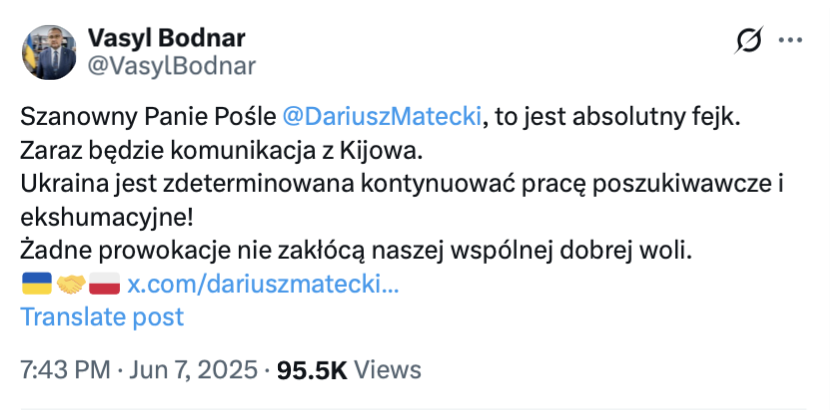 Ukraina nie kazała wstrzymać ekshumacji ofiar rzezi wołyńskiej w Puźnikach.