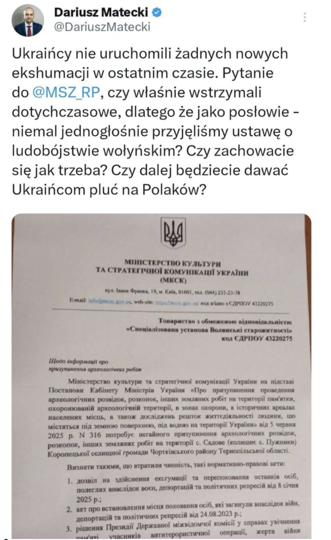 Ukraina nie kazała wstrzymać ekshumacji ofiar rzezi wołyńskiej w Puźnikach.
