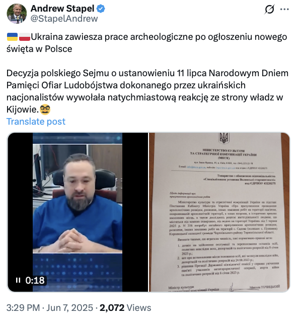 Ukraina nie kazała wstrzymać ekshumacji ofiar rzezi wołyńskiej w Puźnikach.