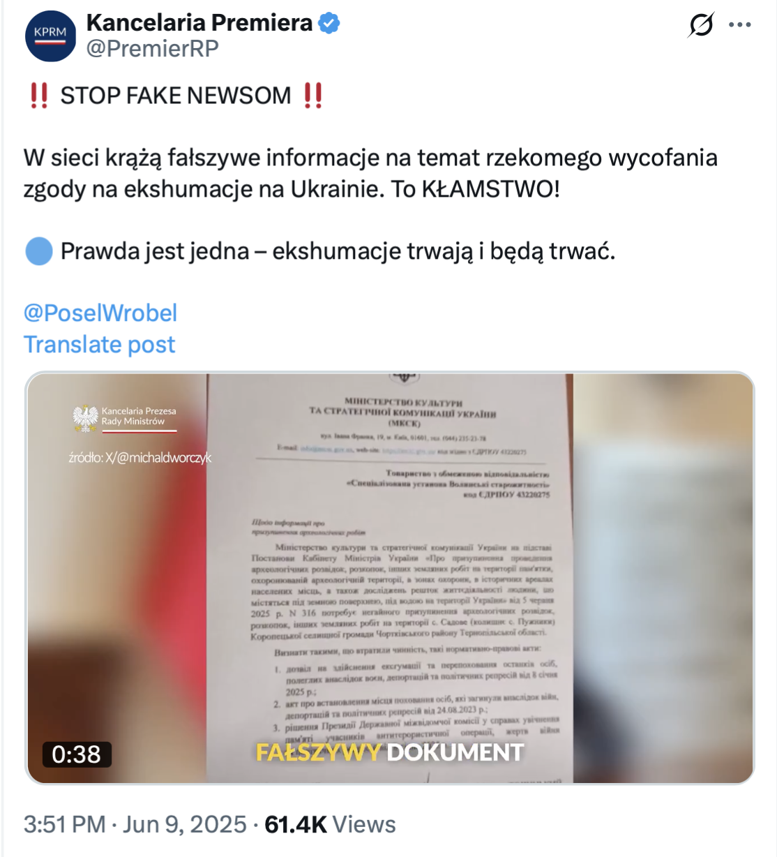 Ukraina nie kazała wstrzymać ekshumacji ofiar rzezi wołyńskiej w Puźnikach.