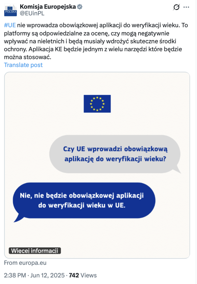 Unia Europejska nie wprowadza obowiązkowej aplikacji do weryfikacji wieku.