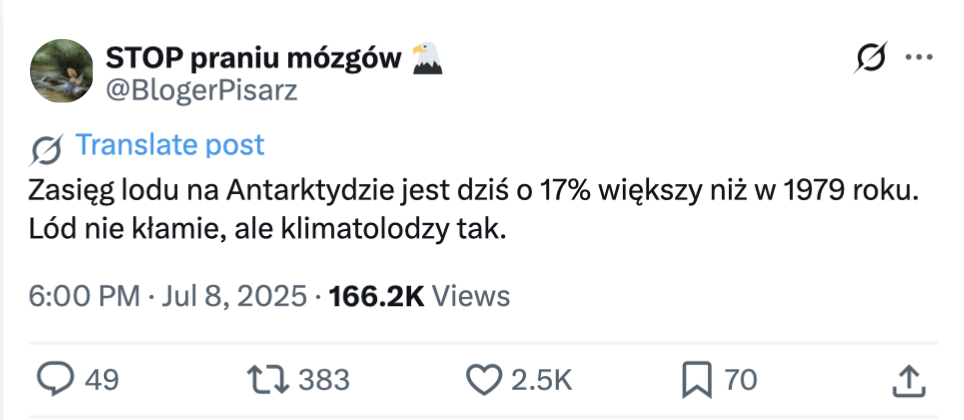 Zasięg lodu na Antarktydzie nie jest dziś o 17% większy niż w 1979 roku.