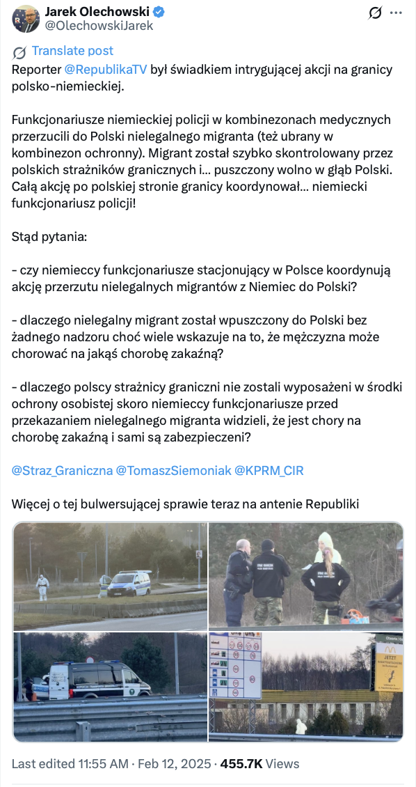 Niemcy w kombinezonach ochronnych nie „podrzucali” do Polski chorych migrantów.
