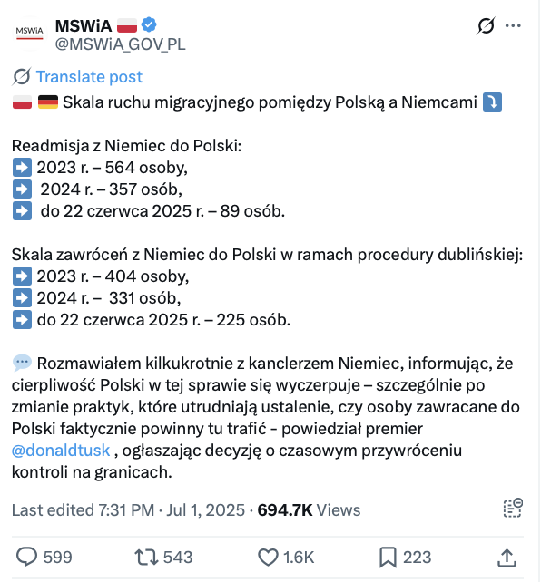Skala ruchu migracyjnego pomiędzy Polską a Niemcami.