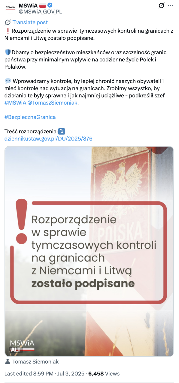 Rozporządzenie w sprawie tymczasowego przywrócenia kontroli granicznej osób przekraczających granicę państwową.