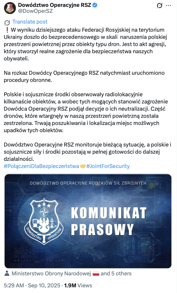Naruszenie polskiej przestrzeni powietrznej przez rosyjskie drony.