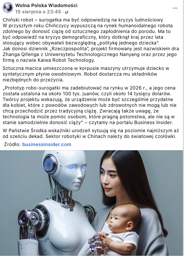 W Chinach nie zbudowano robota, który będzie rodził dzieci.