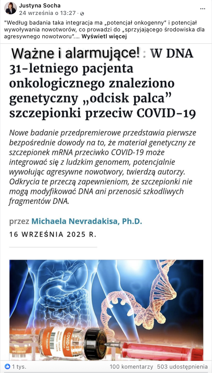 Szczepionki mRNA nie modyfikują ludzkiego genomu.