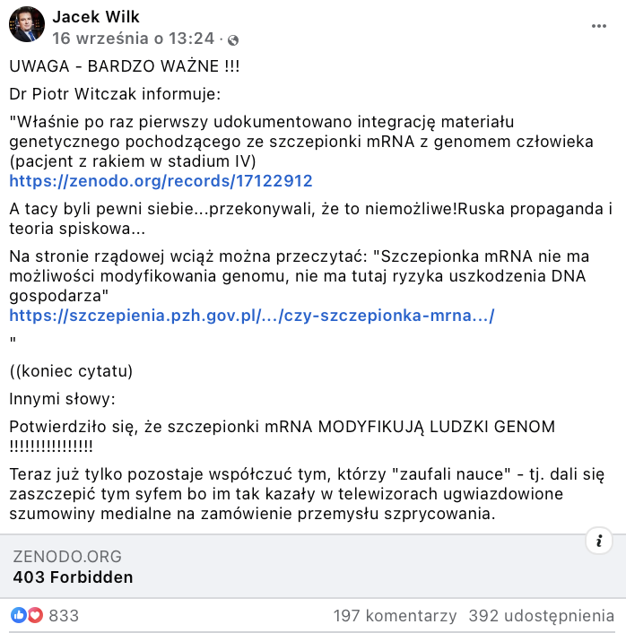 Szczepionki mRNA nie modyfikują ludzkiego genomu.