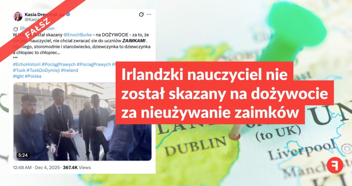 Irlandzki nauczyciel nie został skazany na dożywocie za nieużywanie zaimków