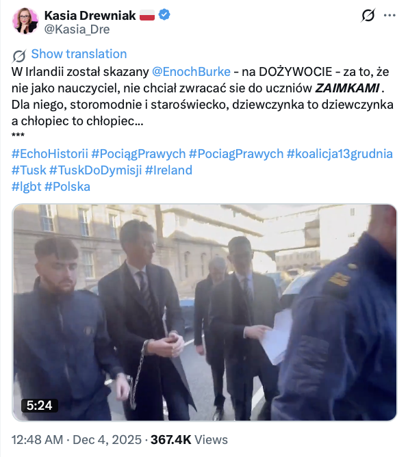 Irlandzki nauczyciel nie został skazany na dożywocie za zaimki