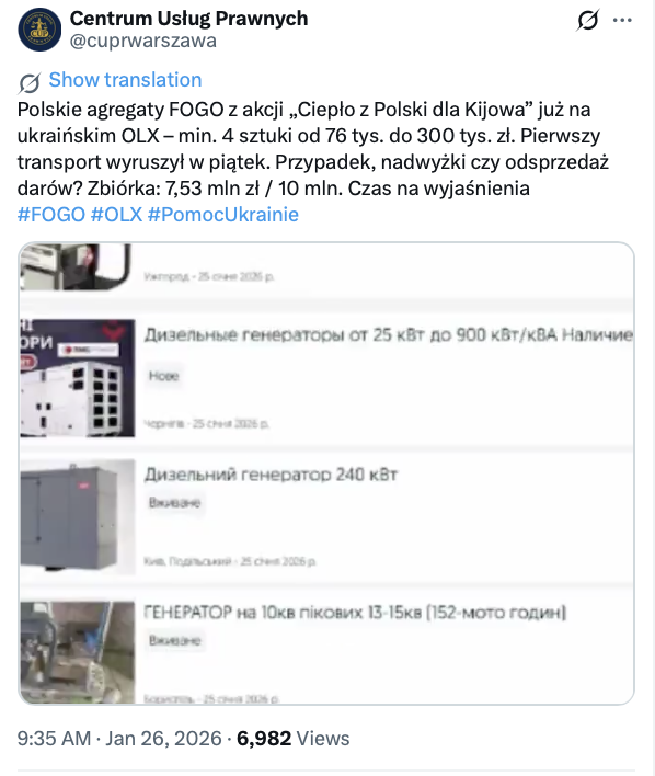 Polskie agregaty z akcji „Ciepło z Polski dla Kijowa” nie są odsprzedawane na ukraińskim OLX