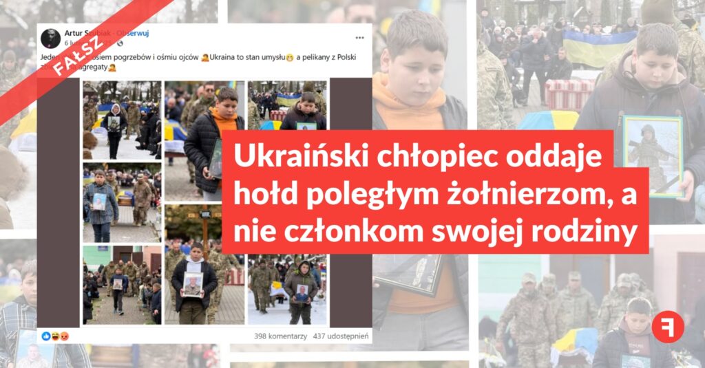 Ukraiński chłopiec oddaje hołd poległym żołnierzom, a nie członkom swojej rodziny
