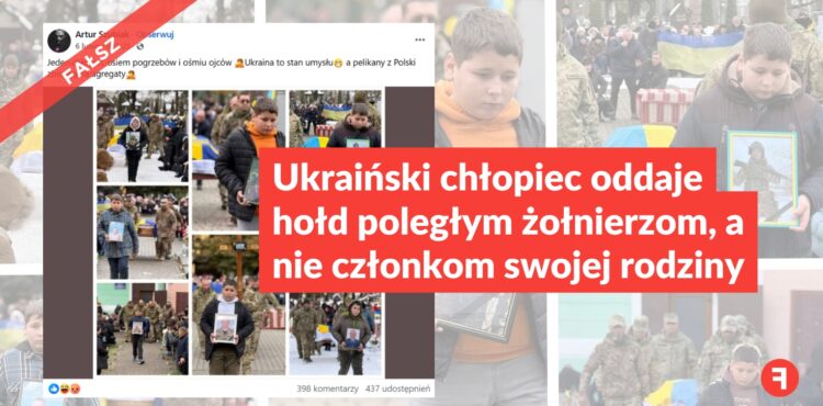 Ukraiński chłopiec oddaje hołd poległym żołnierzom, a nie członkom swojej rodziny