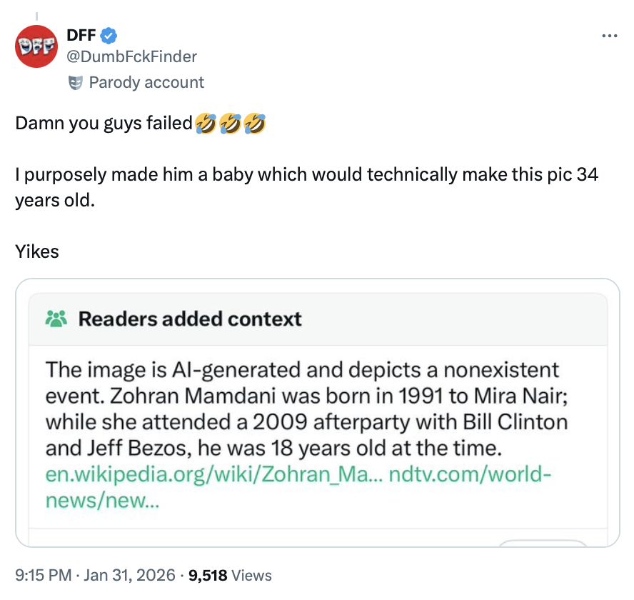 Zdjęcia przedstawiające Zohrana Mamdaniego jako to AI