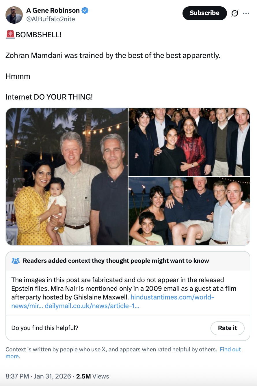 Zdjęcia przedstawiające Zohrana Mamdaniego jako dziecko oraz jego matkę w towarzystwie Epsteina to AI