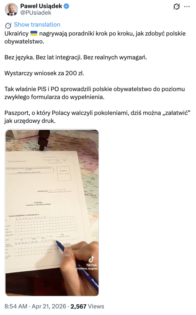 Polskie obywatelstwo nie jest dostępne za 200 zł.