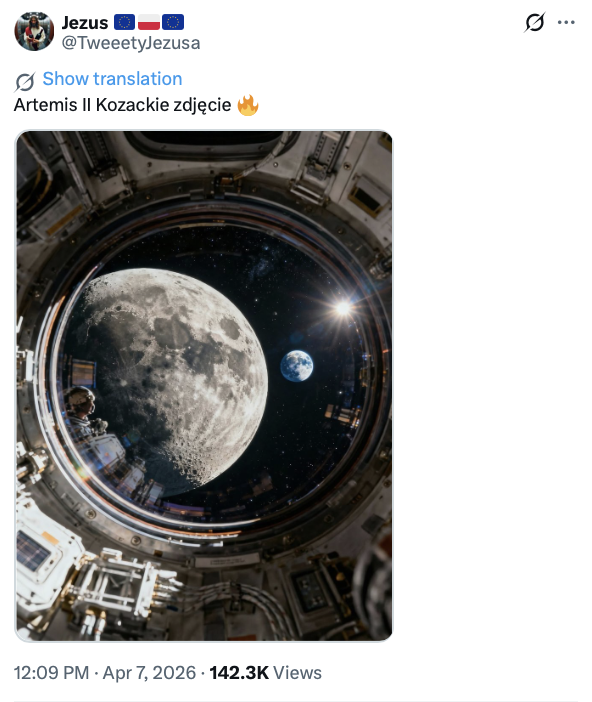 Zdjęcie Księżyca z okna statku kosmicznego to AI