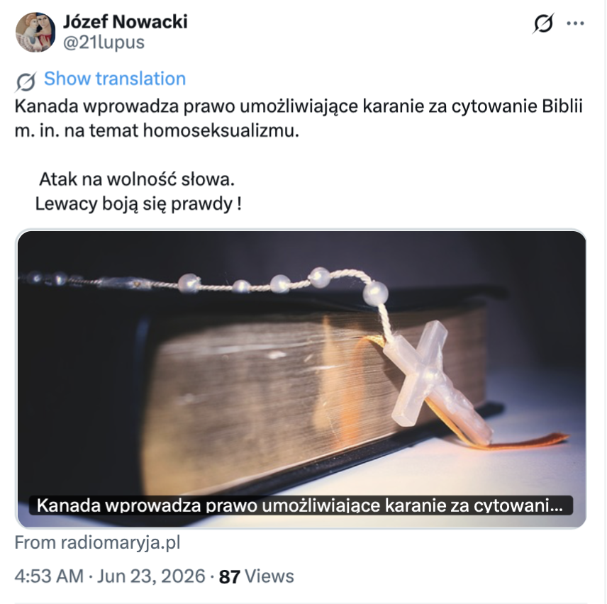 Kanada nie wprowadziła prawa karającego za cytowanie Biblii